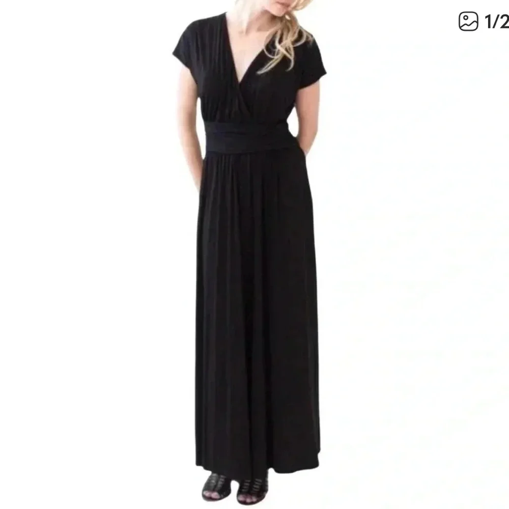 🕶️Agnes & Dora Sleeveless Maxi Dress Deep V-Neck Ruched Waist Black Size L - Picture 1 of 6